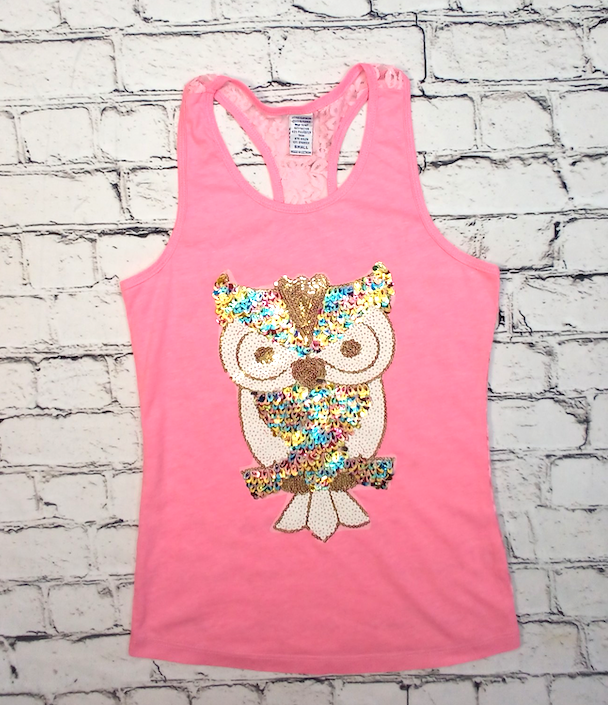 Girls Sleeveless Top- Lace Back - Owl