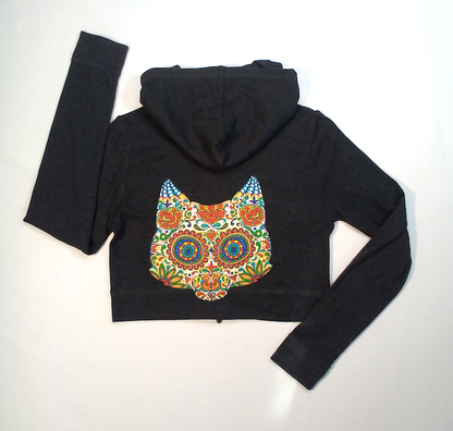 Girls & Junior Long Sleeve Top - Zip Up Hoodie - Mosaic Cat By Glitter Girl