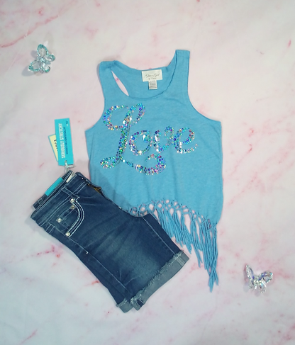 Girls Sleeveless Fringe Top & Denim Shorts