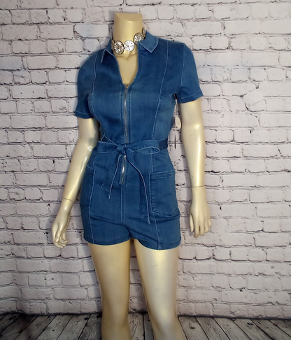 Women Stretch Denim Romper/Belted