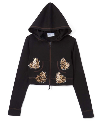 Girls & Junior Long Sleeve Zip Up Hoodie - Leopard Hearts By Glitter Girl