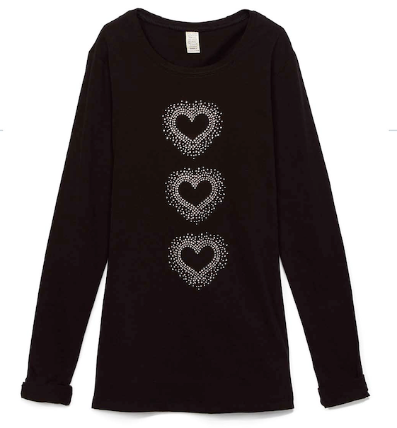 Girls & Junior Long Sleeve T shirt - Rhinestone Hearts