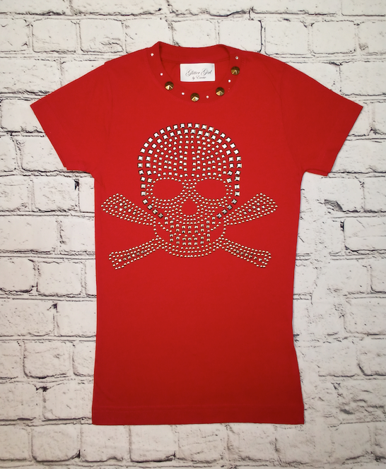 Girls Short Sleeve Top - Gold Nailhead Skull