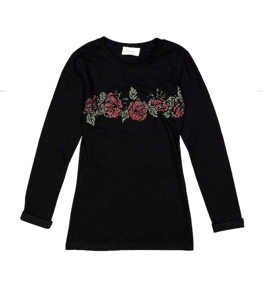 Girls Long Sleeve Top - Rhinestone Roses