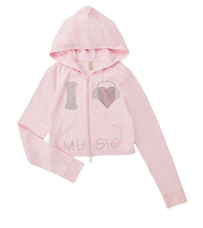 Girls Hoodie Zip Up Long Sleeve -Rhinestone "I Heart Music", By Glitter Girl By Esmise