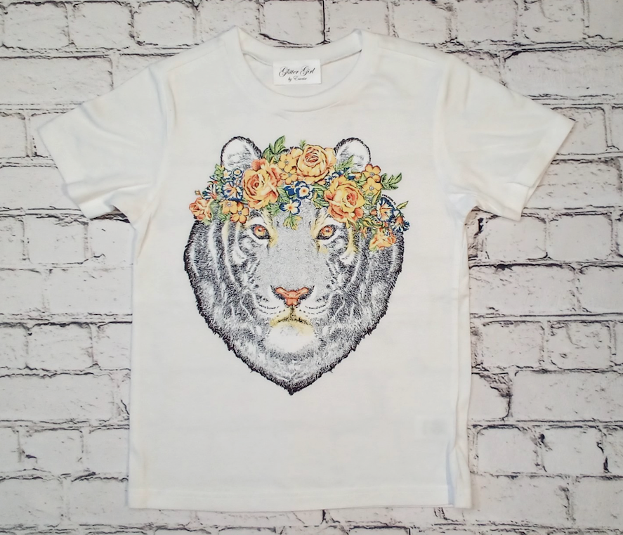 Girls & Juniors Short Sleeve T Shirt Tiger/Flower By Glitter Girl