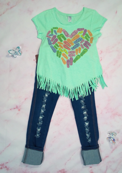 Girls Short Sleeve Fringe Top & Denim Jeans Set