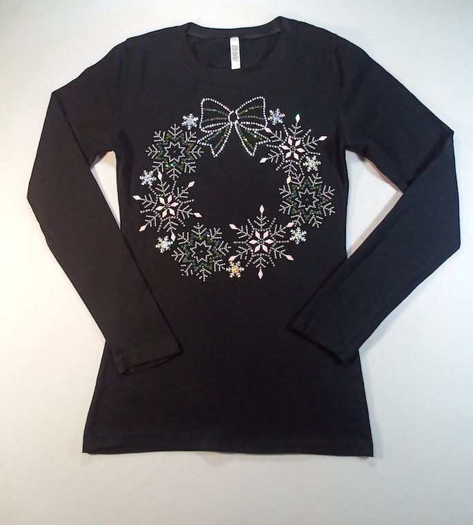 Girls Long Sleeve Top - Rhinestone Christmas Reef