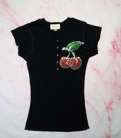 Girls Short Sleeve Snap Top with Sequin Cherries