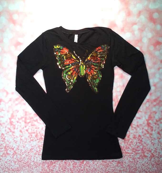 Girls Long Sleeve Top - Sequin Butterfly