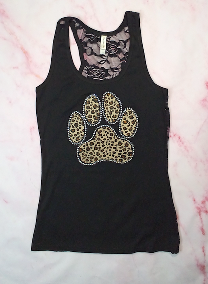 Girls Sleeveless Lace Back Tank Top-Leopard paw