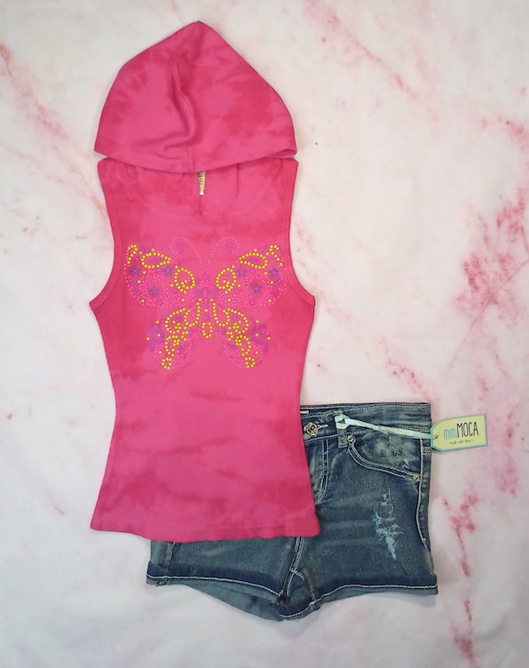 Girls Sleeveless Hoodie & Denim Shorts Set