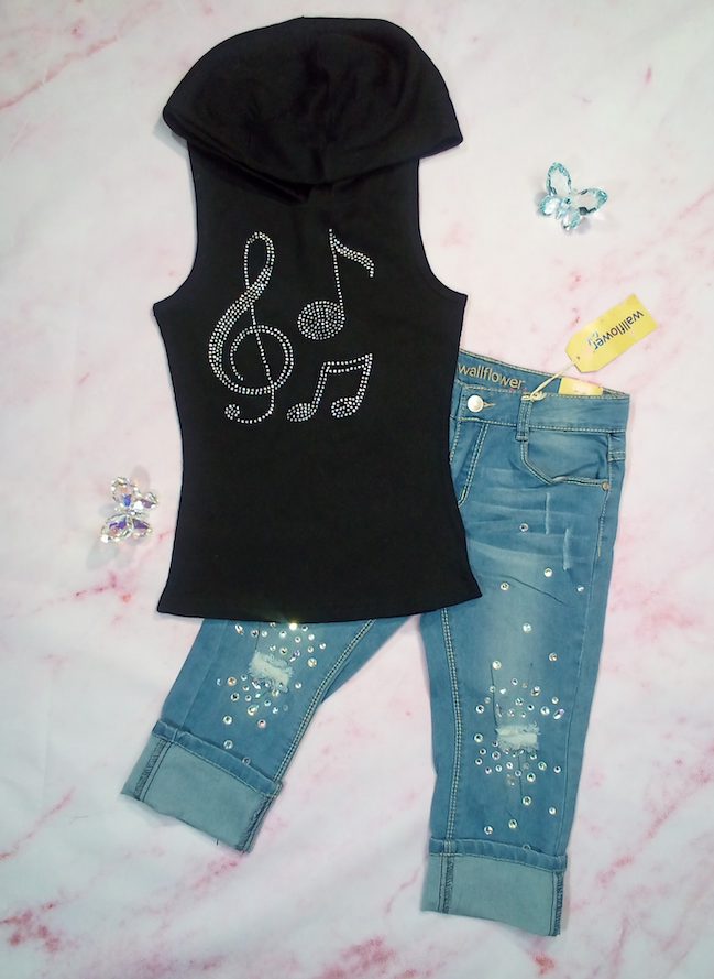 Girls Sleeveless Hoodie Top & Denim Capri