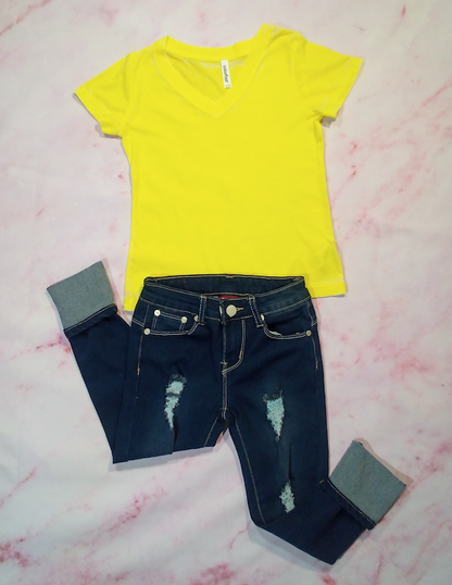 Girls Short Sleeve V Neck Top & Denim Jeans Set