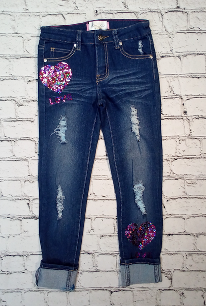 Girls Denim Pant Sequin Love By Glitter Girl