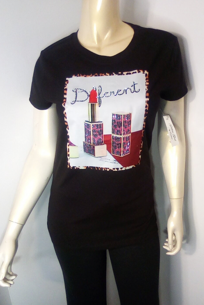 Women Short Sleeve T shirt - Lipstick/Rhinestones