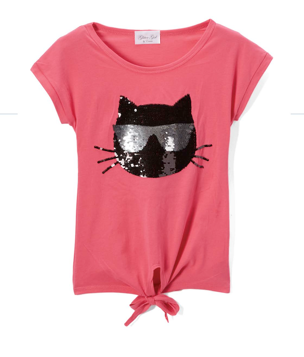 Girls Short Sleeve Top - Sequin Flip Color Cat