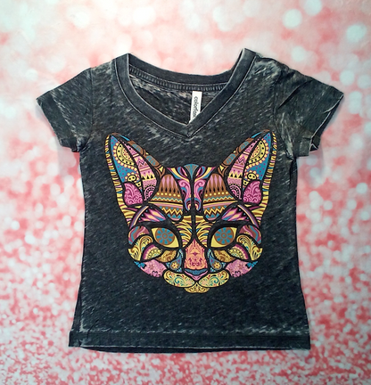 Girls Short Sleeve Top Mosaic Cat