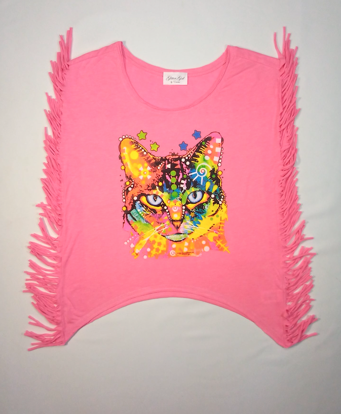 Girls Sleeve Top - Fringe - Mosaic Cat