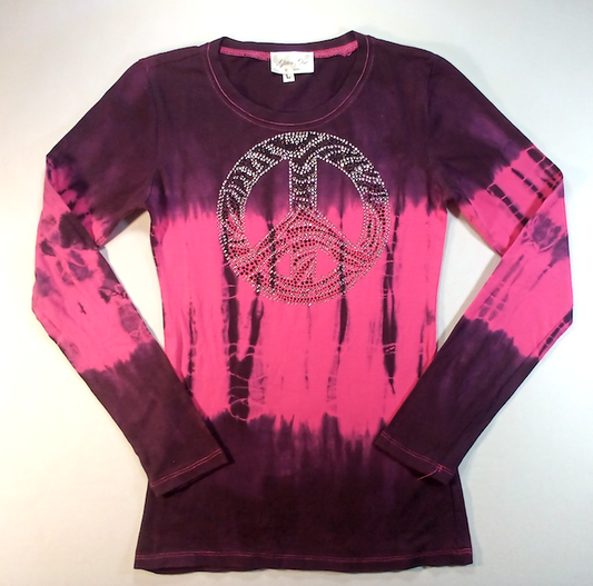 Girls Long Sleeve Top - Rhinestone Peace Sign-Tie Dye
