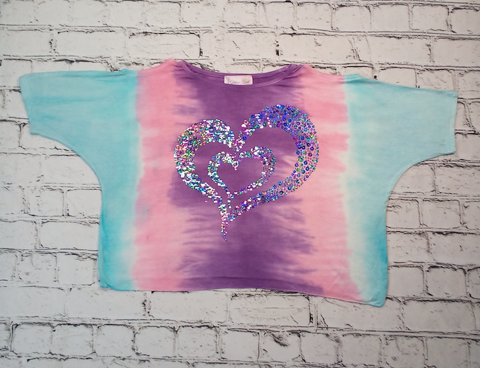 Girls Short Sleeve Top Tie Dye Sequin Heart