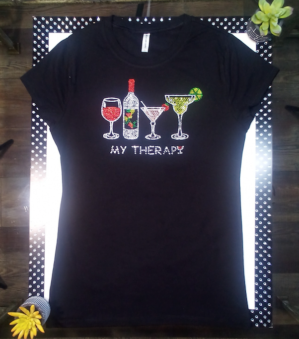 Women Short Sleeve T Shirt -Rhinestone Cocktail Therapy - By Bling Bling U Sparkle Girl