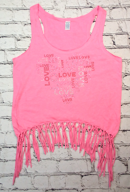 Girls Sleeveless Fringe Top Rhinestone/Love