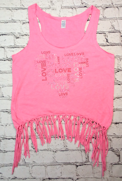 Girls Sleeveless Fringe Top Rhinestone/Love