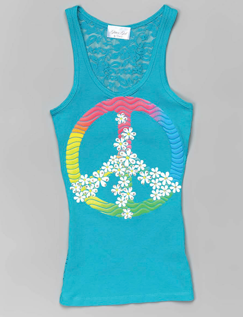 Girls Sleeveless Top Lace Back Puff Peace Sign