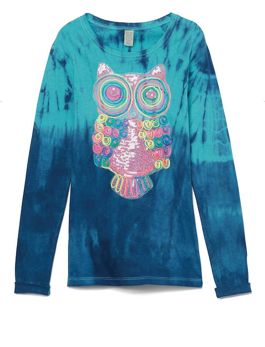 Girls Long Sleeve Top - Multi Color Sequin Owl