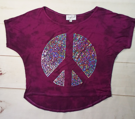 Girls Short Sleeve Top - Sequin Peace sign