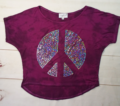 Girls Short Sleeve Top - Sequin Peace sign