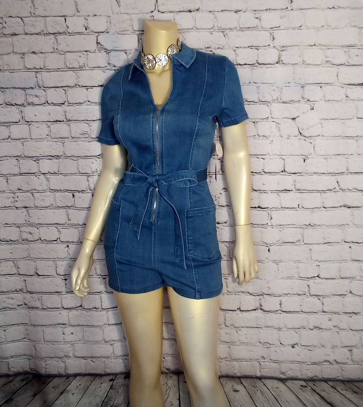 Women Stretch Denim Romper/Belted