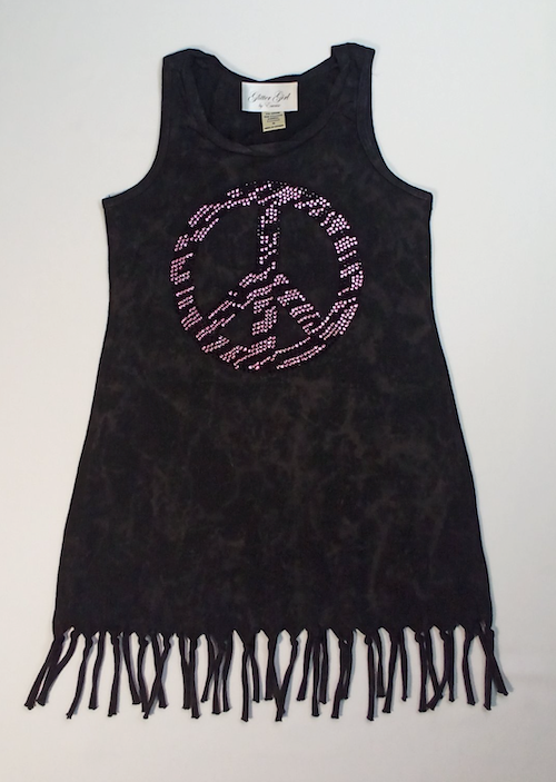 Girls Sleeveless Tank Dress - Rhinestone Peace Sign
