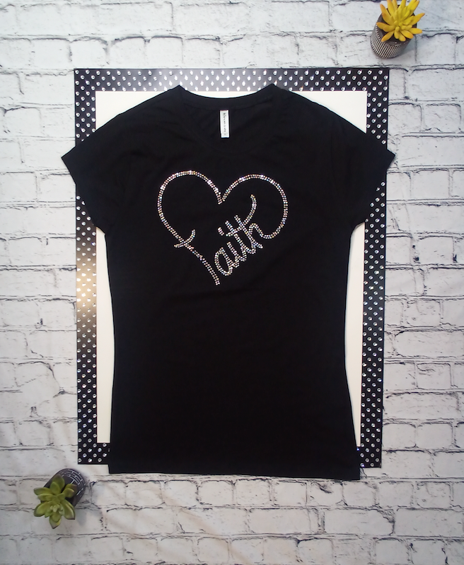 Women Short Sleeve T shirt Cotton/Spandex-Rhinestone -Faith Tee