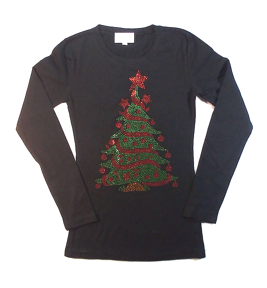 Girls Long Sleeve Top - Rhinestone Christmas Tree