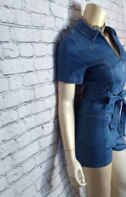 Women Stretch Denim Romper/Belted