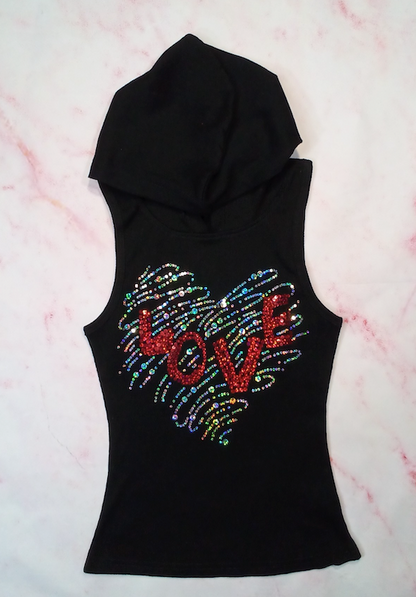 Girls Sleeveless Hoodie Sequin Love