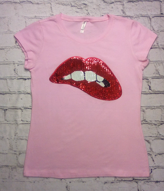 Women & Junior  Short Sleeve T shirt - Sequin Red Lips