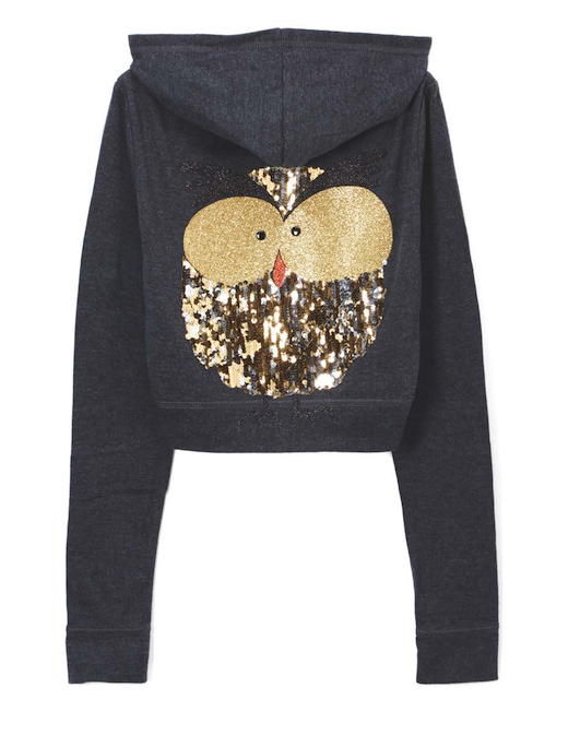 Girls & Junior Long Sleeve Zip Up Hoodie Gold Owl By Glitter Girl