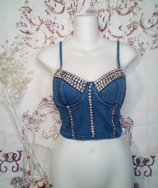 Junior Stunning Denim Jeweled Top By Bling bling U Sparkle Girl