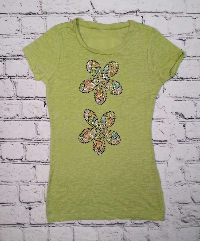 Girls Short Sleeve Top - Rhinestone Flowers