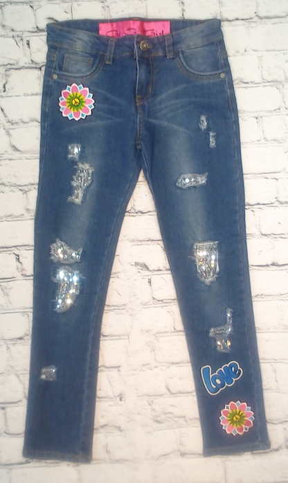 Girls Denim Pant Love/Flower By Glitter Girl