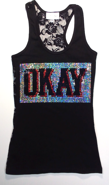 Girls Sleeveless Top - Lace Back - Sequin "OKAY"