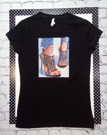 Women Short Sleeve T Shirt - Graphic Shoes - Rhinestones