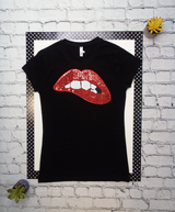 Women Short Sleeve T shirt - Red Sequin Lips- Cotton/Spandex