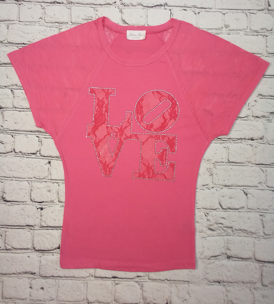 Girls Short Sleeve Top - Lace LOVE