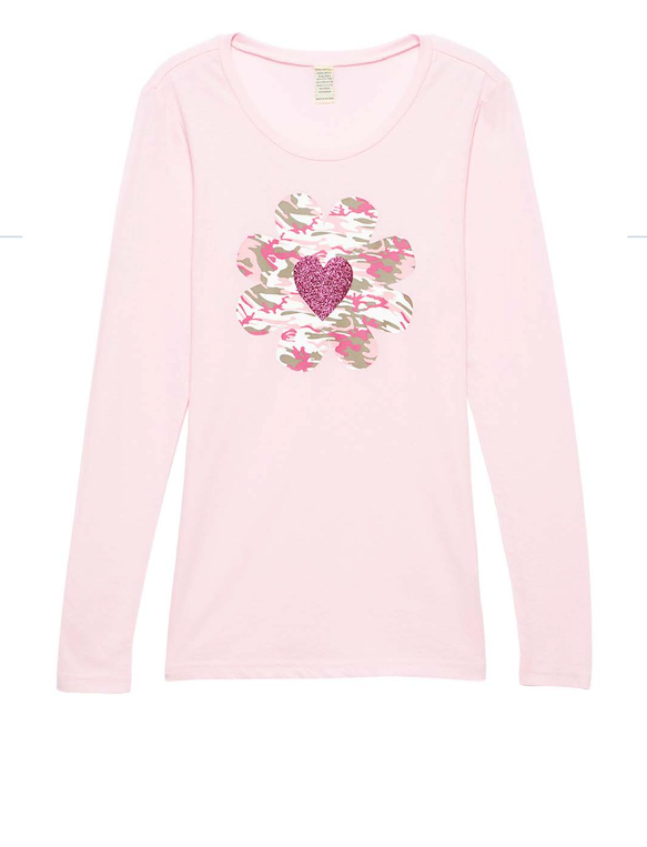 Girls & Junior Long Sleeve T shirt - Army Flower/Heart