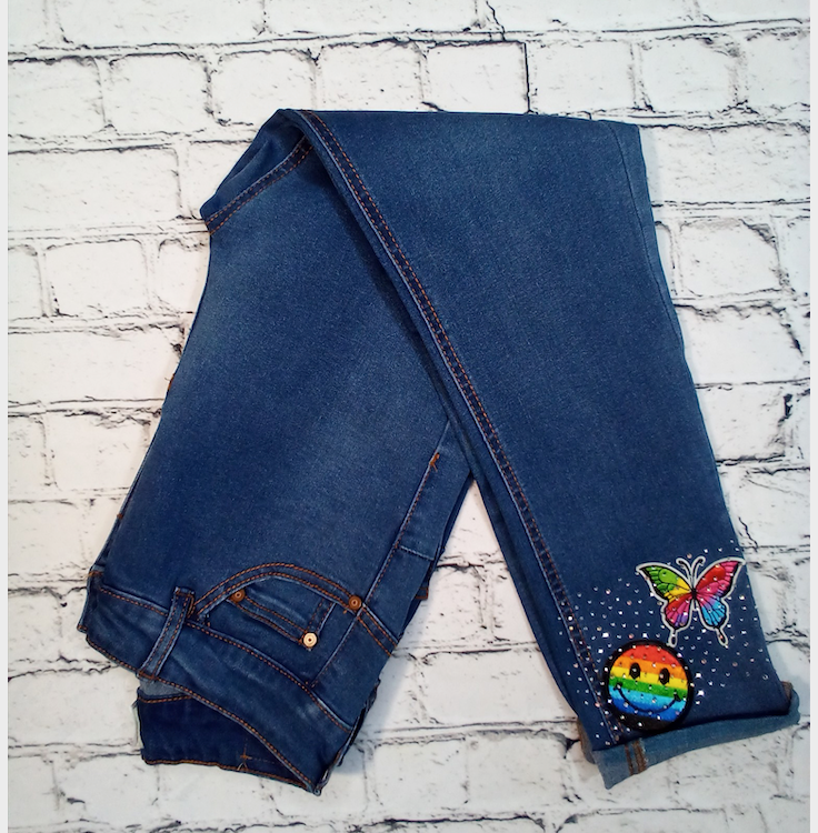 Junior Denim Pant - Rainbow Butterfly/Emoji Patches