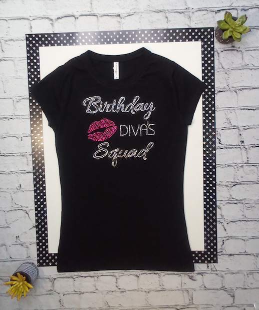 Women Short Sleeve T shirt - Birthday Diva Squad- Rhinestone-Cotton/Spandex